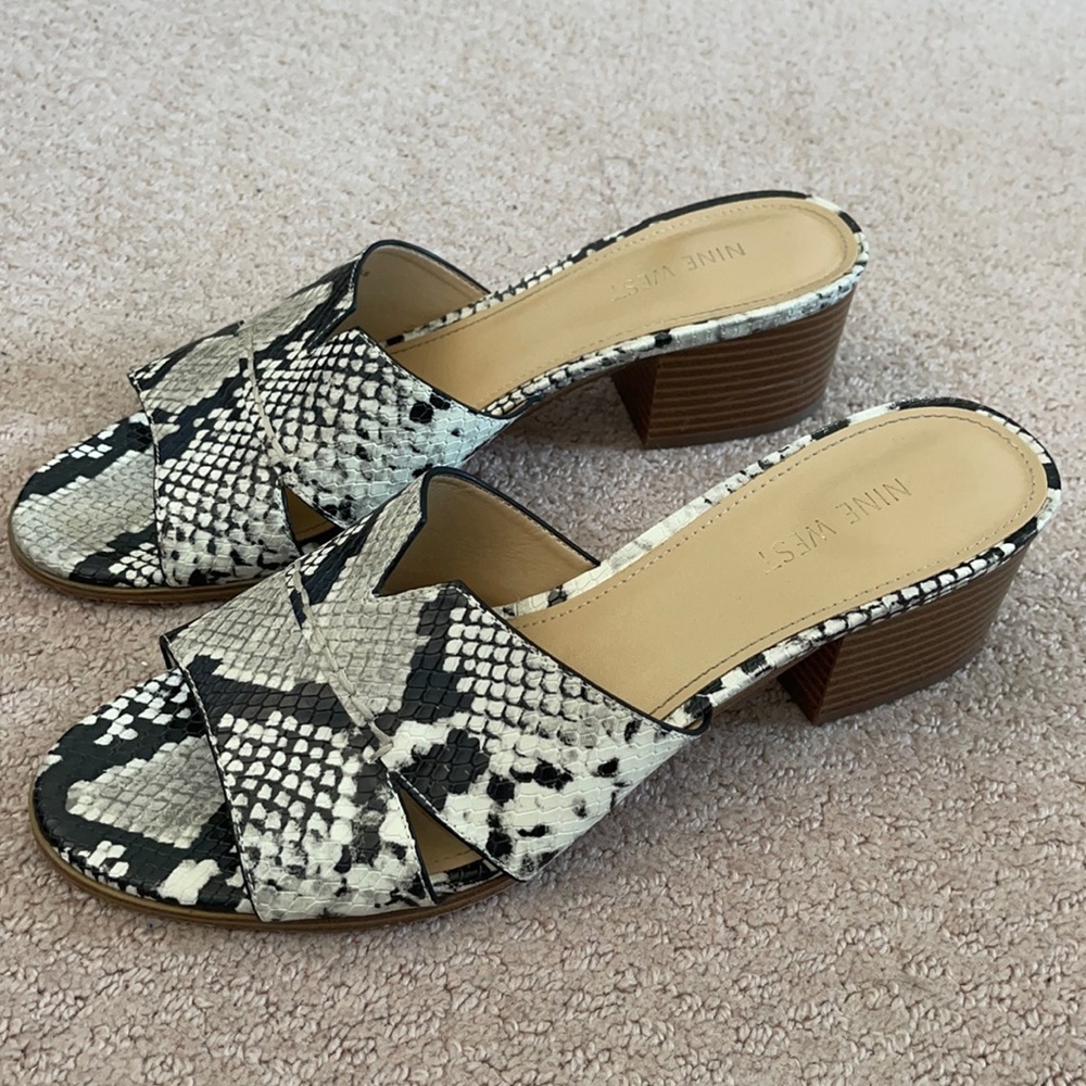 Nine West snake skin wooden block heel mules